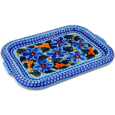 Polish Pottery Platter with Handles 12&quot; Corn In The Blue UNIKAT