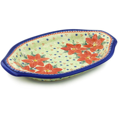 Polish Pottery Platter with Handles 12&quot; Poinsettia UNIKAT