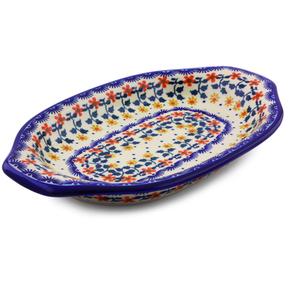 Polish Pottery Platter with Handles 12&quot; Red Sunflower