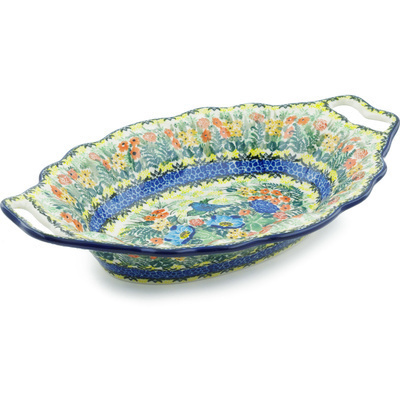 Polish Pottery Platter with Handles 13&quot; Blue Bird Delight UNIKAT