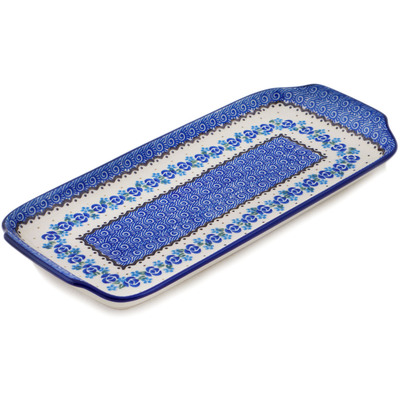 Polish Pottery Platter with Handles 13&quot; Blue Bud Sea