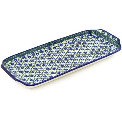 Polish Pottery Platter with Handles 13&quot; Blue Daisy Trellis