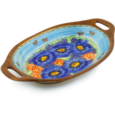 Polish Pottery Platter with Handles 13&quot; Blue Garden UNIKAT