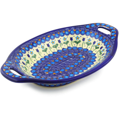 Polish Pottery Platter with Handles 13&quot; Blue Tulip Garden UNIKAT