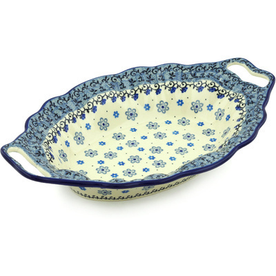 Polish Pottery Platter with Handles 13&quot; Botanical Ballet