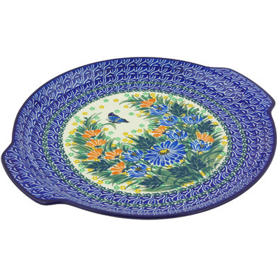 Polish Pottery Platter with Handles 13&quot; Butterfly Blues UNIKAT