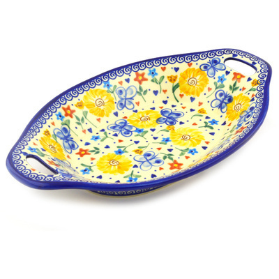 Polish Pottery Platter with Handles 13&quot; Butterfly Sunshine UNIKAT