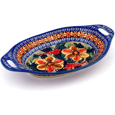 Polish Pottery Platter with Handles 13&quot; Colorful Bouquet UNIKAT