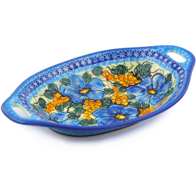 Polish Pottery Platter with Handles 13&quot; Corn In The Blue UNIKAT