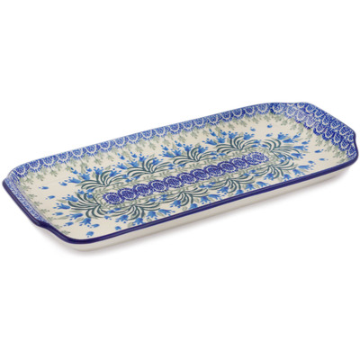 Polish Pottery Platter with Handles 13&quot; Feathery Bluebells
