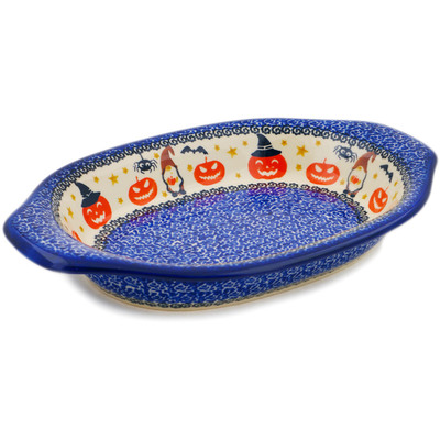 Polish Pottery Platter with Handles 13&quot; Jack-o-lantern Fun