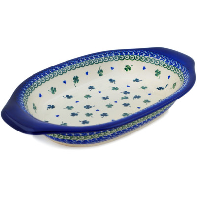 Polish Pottery Platter with Handles 13&quot; Lucky Clovers