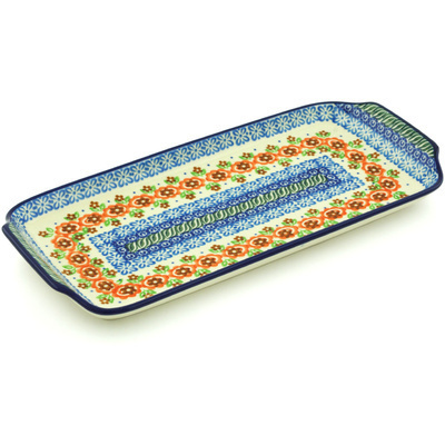 Polish Pottery Platter with Handles 13&quot; Peach Daisy
