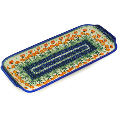 Polish Pottery Platter with Handles 13&quot; Peach Spring Daisy