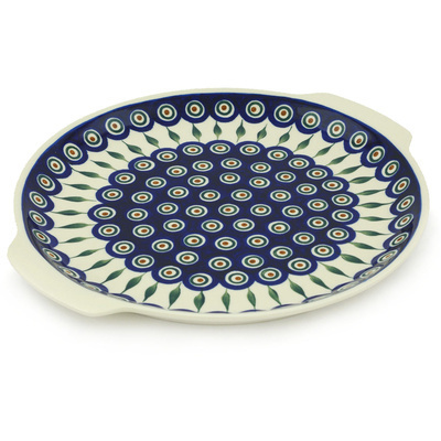 Polish Pottery Platter with Handles 13&quot; Peacock Leaves