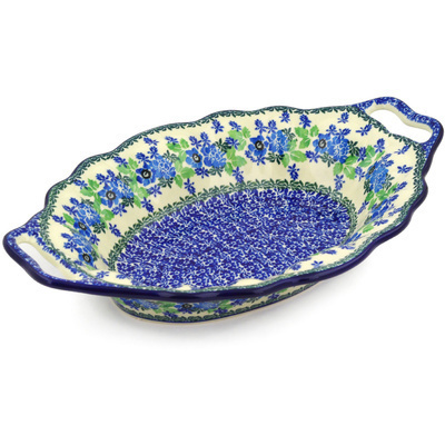 Polish Pottery Platter with Handles 13&quot; Pretty In Blue