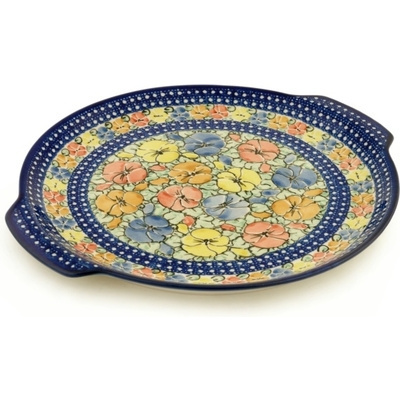 Polish Pottery Platter with Handles 13&quot; Primary Pansies UNIKAT