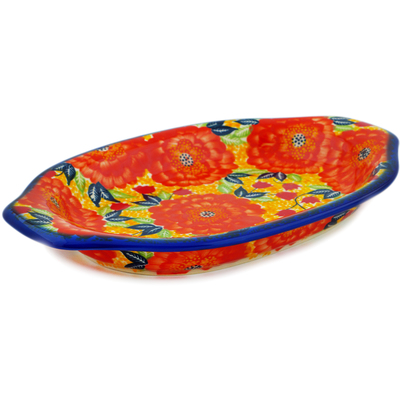 Polish Pottery Platter with Handles 13&quot; Red Fantasy UNIKAT