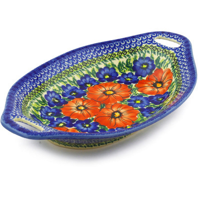 Polish Pottery Platter with Handles 13&quot; Red Star UNIKAT