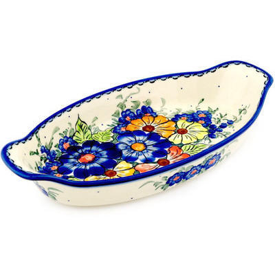 Polish Pottery Platter with Handles 13&quot; Summertime Blues UNIKAT