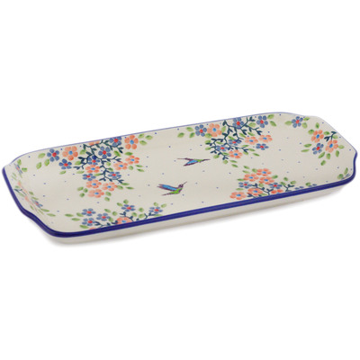 Polish Pottery Platter with Handles 13&quot; Verdant Hummingbird Spring UNIKAT