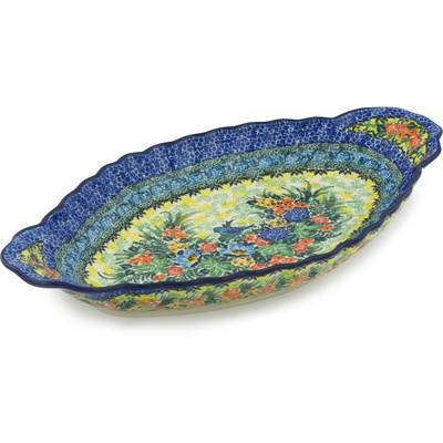 Polish Pottery Platter with Handles 16&quot; Blue Bird Delight UNIKAT