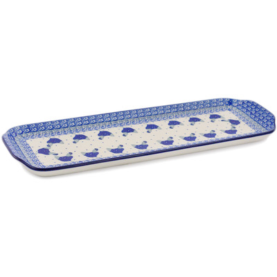 Polish Pottery Platter with Handles 16&quot; Blue Chicken