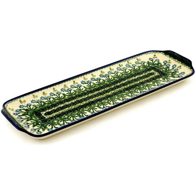 Polish Pottery Platter with Handles 16&quot; Blue Daisy Circle
