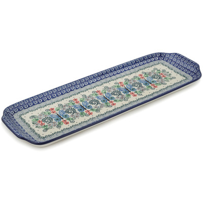 Polish Pottery Platter with Handles 16&quot; Blue Flutterfly UNIKAT