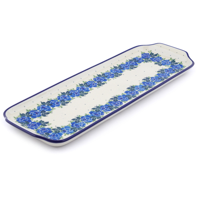 Polish Pottery Platter with Handles 16&quot; Blue Rose
