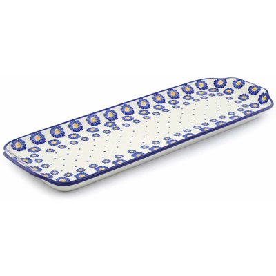 Polish Pottery Platter with Handles 16&quot; Blue Zinnia