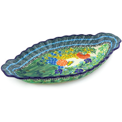 Polish Pottery Platter with Handles 16&quot; Butterfly Garden UNIKAT