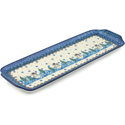 Polish Pottery Platter with Handles 16&quot; Dancing Snowman UNIKAT