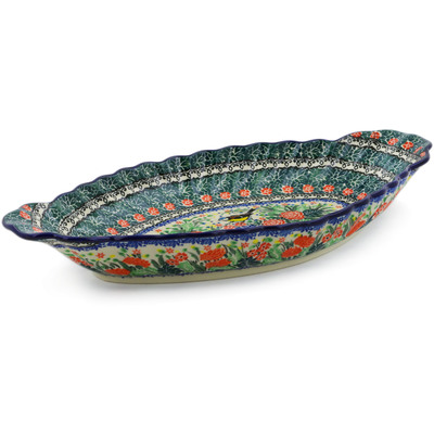 Polish Pottery Platter with Handles 16&quot; Garden Bird UNIKAT