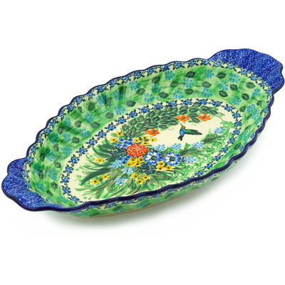 Polish Pottery Platter with Handles 16&quot; Hummingbird Meadow UNIKAT