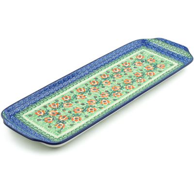 Polish Pottery Platter with Handles 16&quot; Red Rose Buds UNIKAT