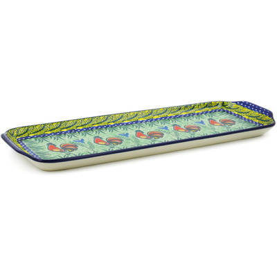 Polish Pottery Platter with Handles 16&quot; Rooster Parade UNIKAT