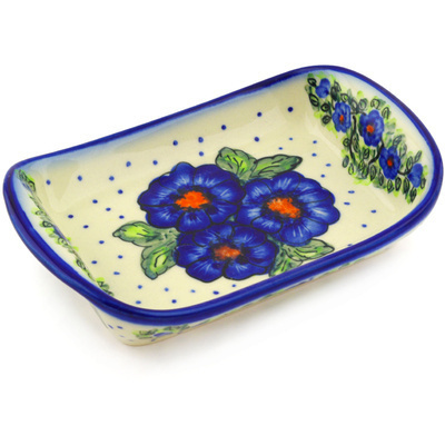 Polish Pottery Platter with Handles 7&quot; Bold Blue Pansy