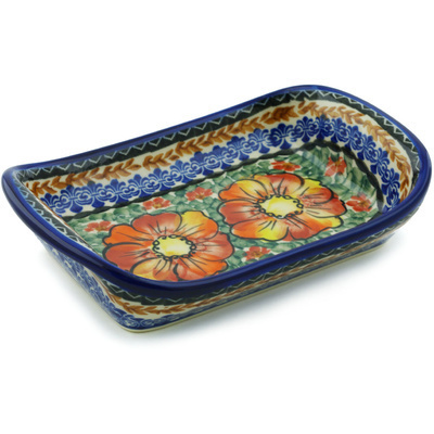 Polish Pottery Platter with Handles 7&quot; Bold Poppies UNIKAT