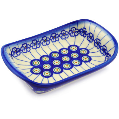 Polish Pottery Platter with Handles 7&quot; Flowering Peacock