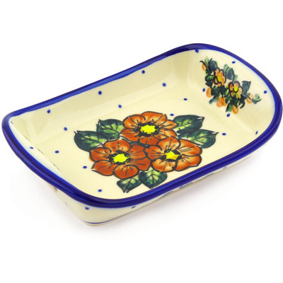 Polish Pottery Platter with Handles 7&quot; Red Bouquet