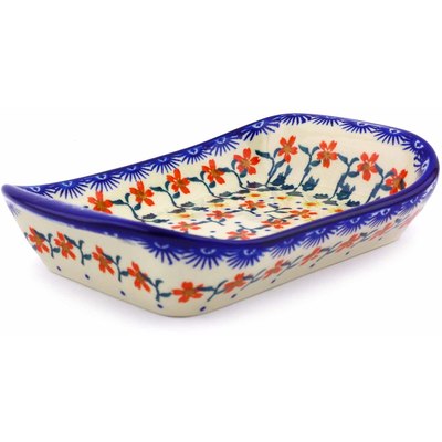 Polish Pottery Platter with Handles 7&quot; Red Sunflower