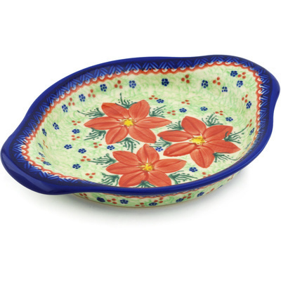Polish Pottery Platter with Handles 8&quot; Poinsettia UNIKAT