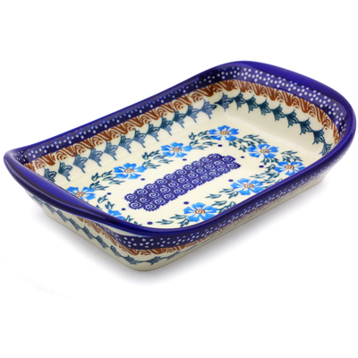 Polish Pottery Platter with Handles 9&quot; Blue Cornflower