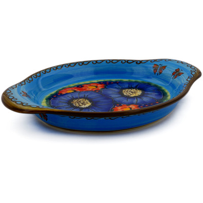 Polish Pottery Platter with Handles 9&quot; Blue Garden UNIKAT