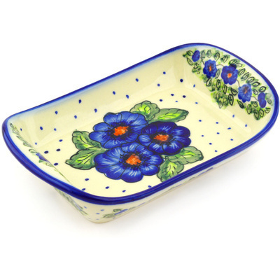 Polish Pottery Platter with Handles 9&quot; Bold Blue Pansy