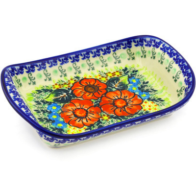 Polish Pottery Platter with Handles 9&quot; Bold Red Poppies UNIKAT