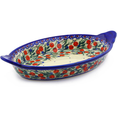 Polish Pottery Platter with Handles 9&quot; Patriotic Blooms UNIKAT