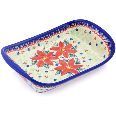 Polish Pottery Platter with Handles 9&quot; Poinsettia UNIKAT