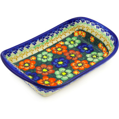 Polish Pottery Platter with Handles 9&quot; Rainbow Poppies UNIKAT